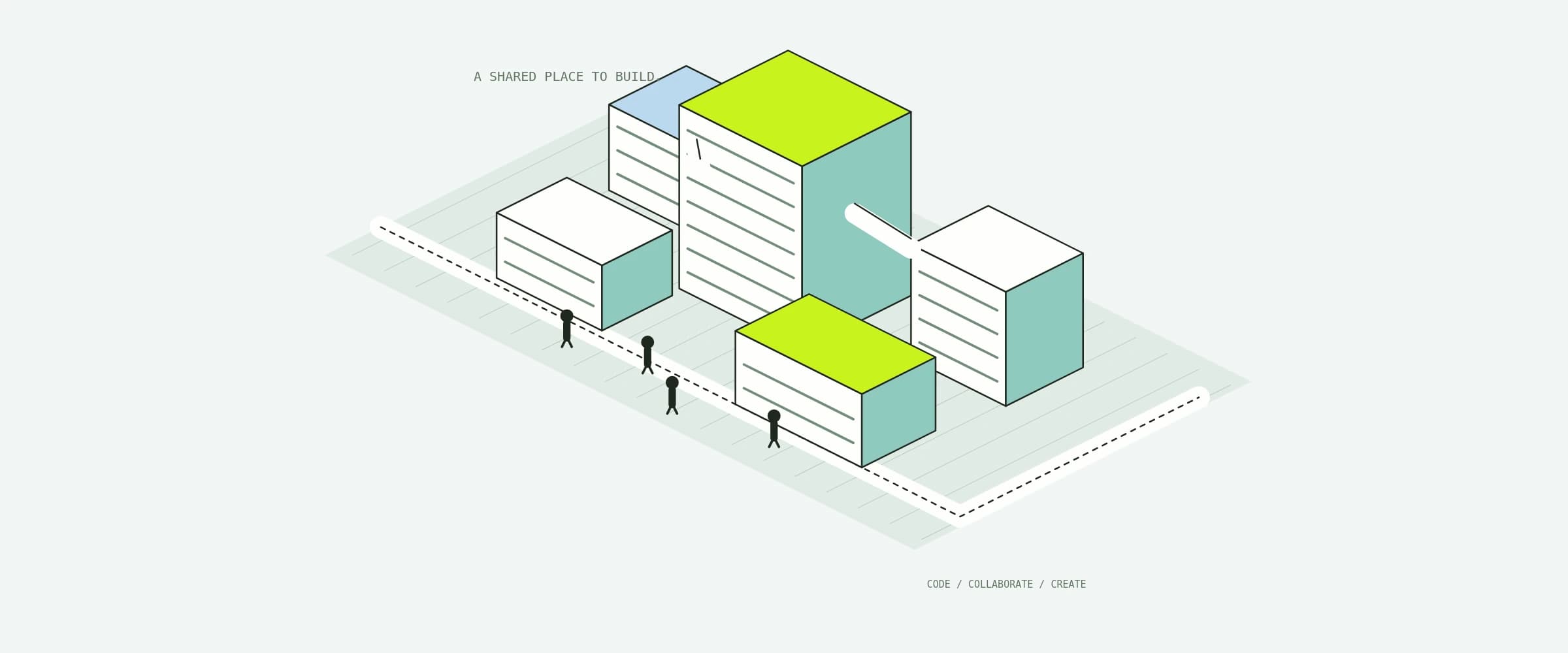 A shared developer district with connected workspaces, open routes, and a central place to build together.