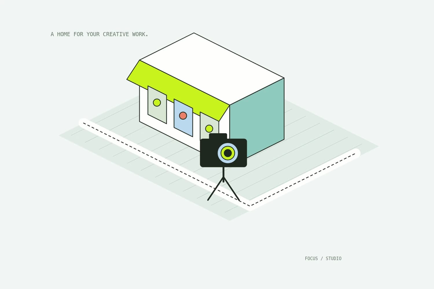 A photography studio building with a camera, exhibition windows, and a welcoming entrance for creative projects.