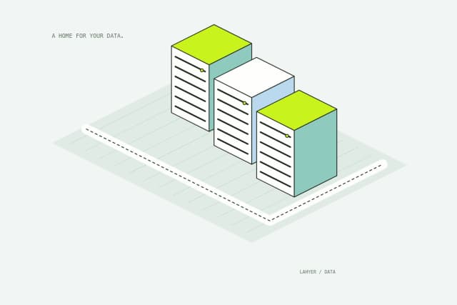 Three organized data towers with stacked records and connection lights form a managed database district.