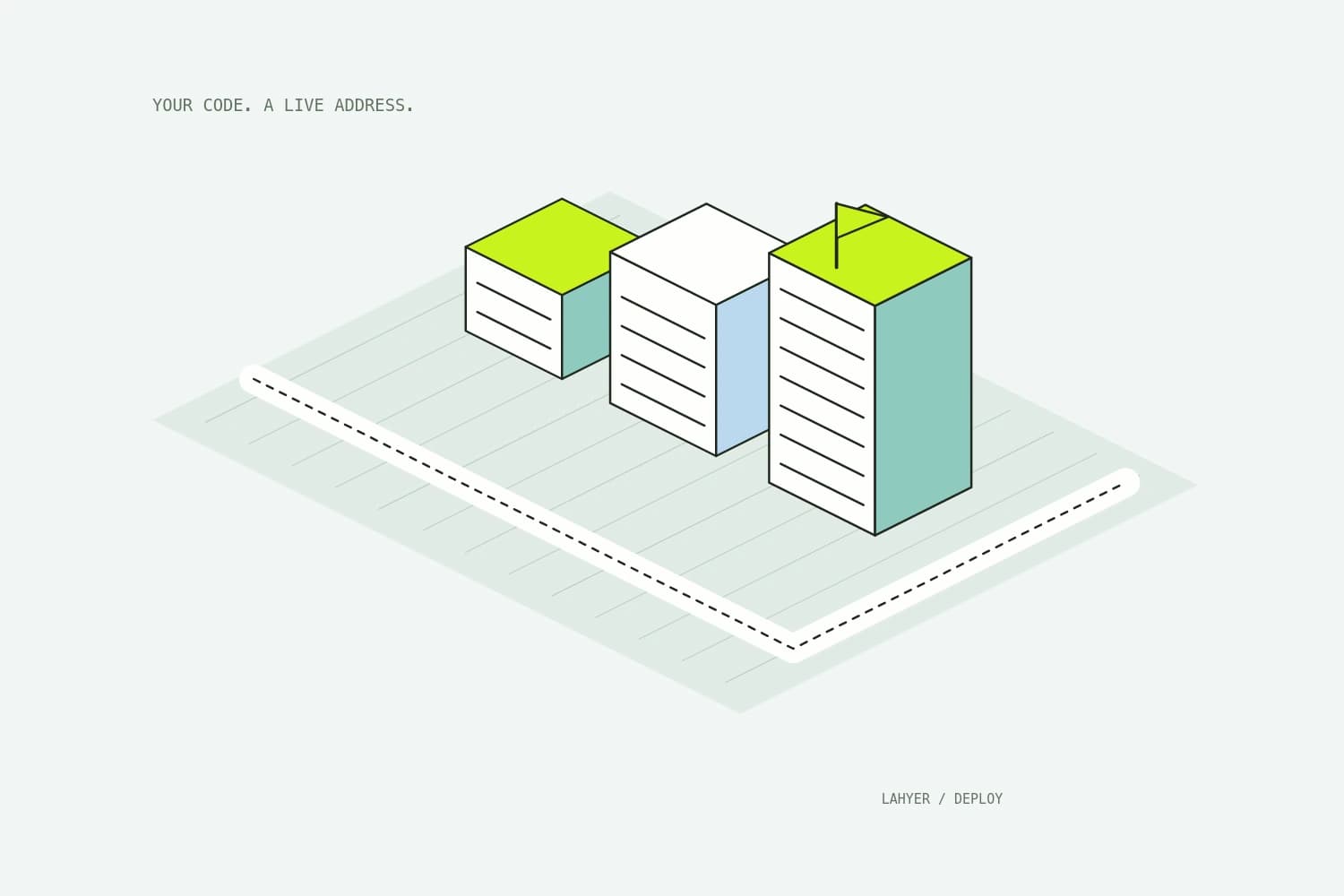 Modular buildings rise through successive stages toward a completed deployment marked by a lime flag.