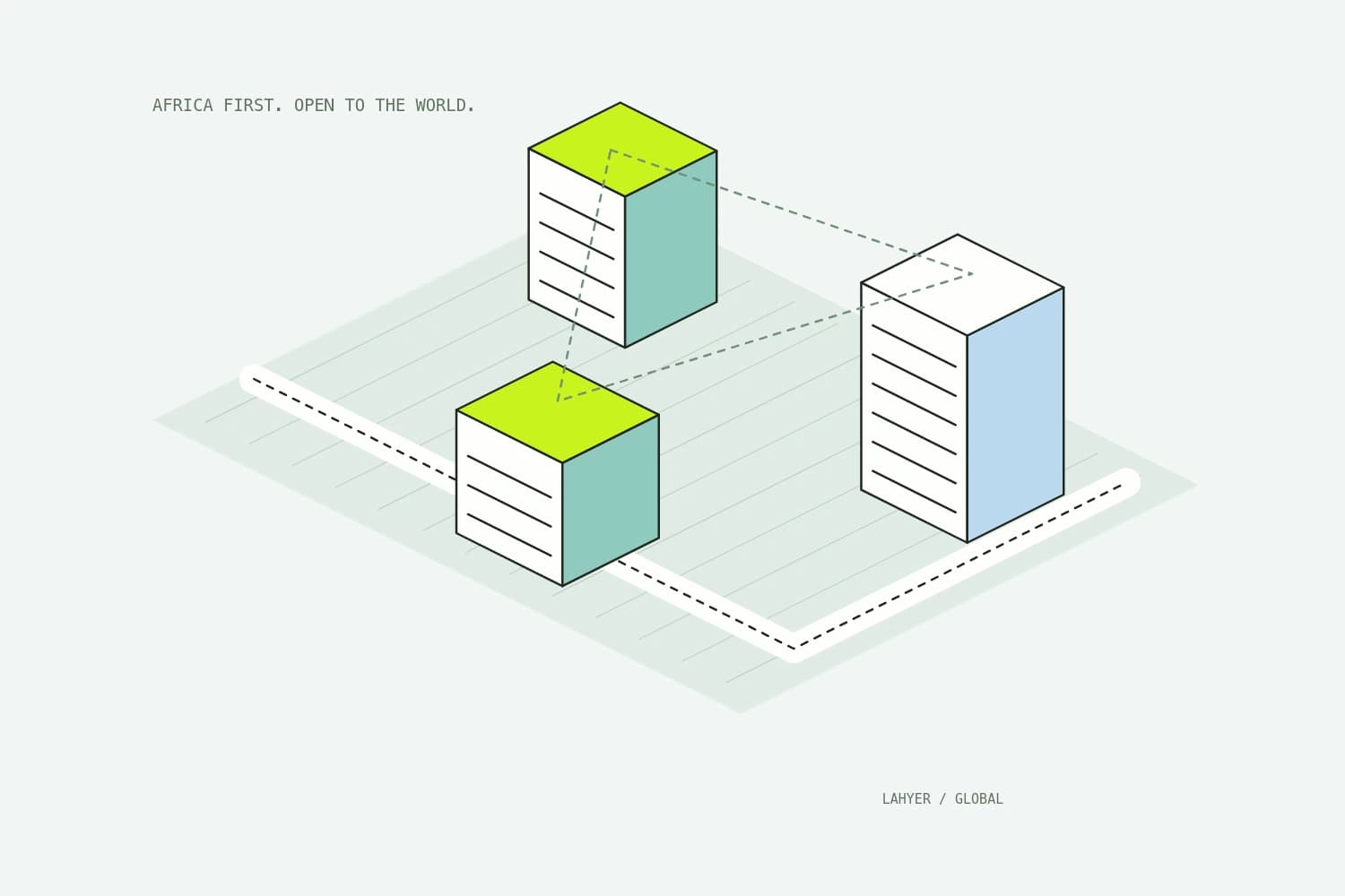 Application buildings connect across a city through delivery routes, representing an African home and global reach.
