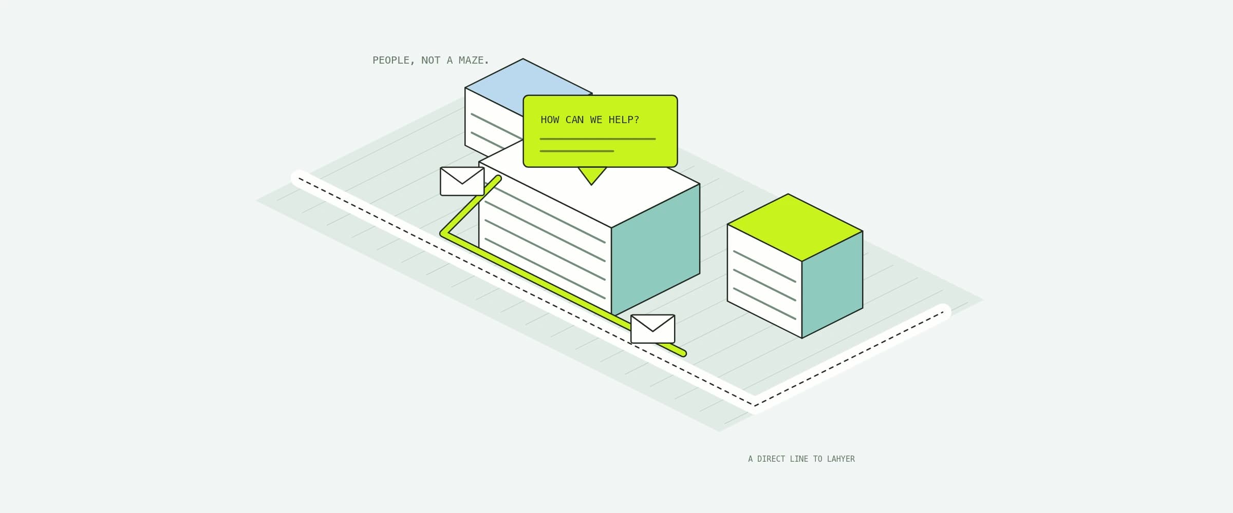 A support hub connects project buildings through clear routes, with a message window at its center.